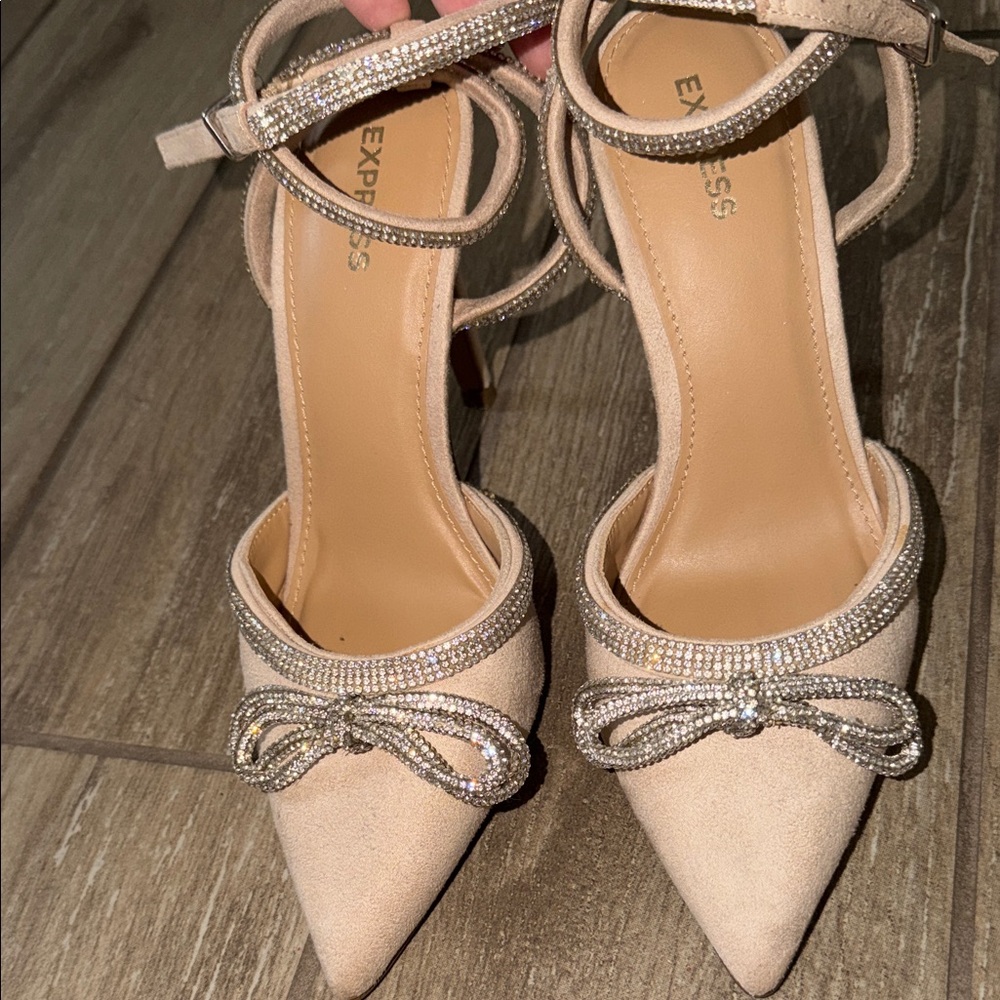 Express Nude Heels with Rhinestone Bow - Picture 3 of 10